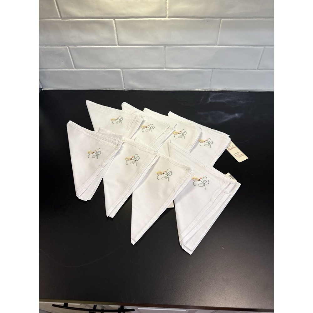 NEW VTG Embroidered Cloth Luncheon Tea Napkins Set Of 8‎ Flower White Cotton